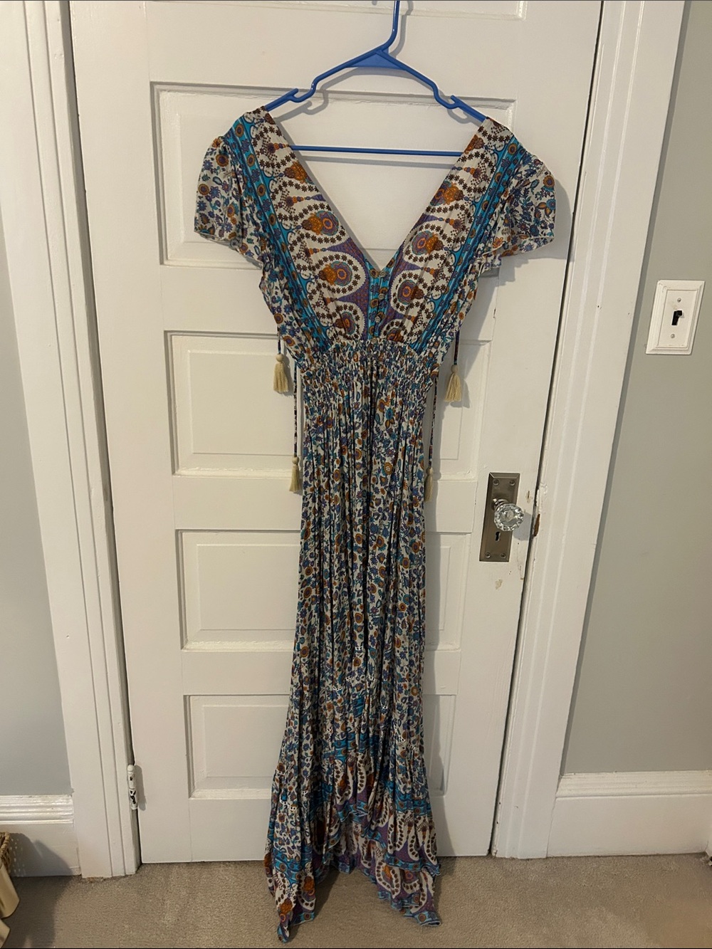 Tiered Paisley Maxi Dress with V-Neck in Teal and Brown